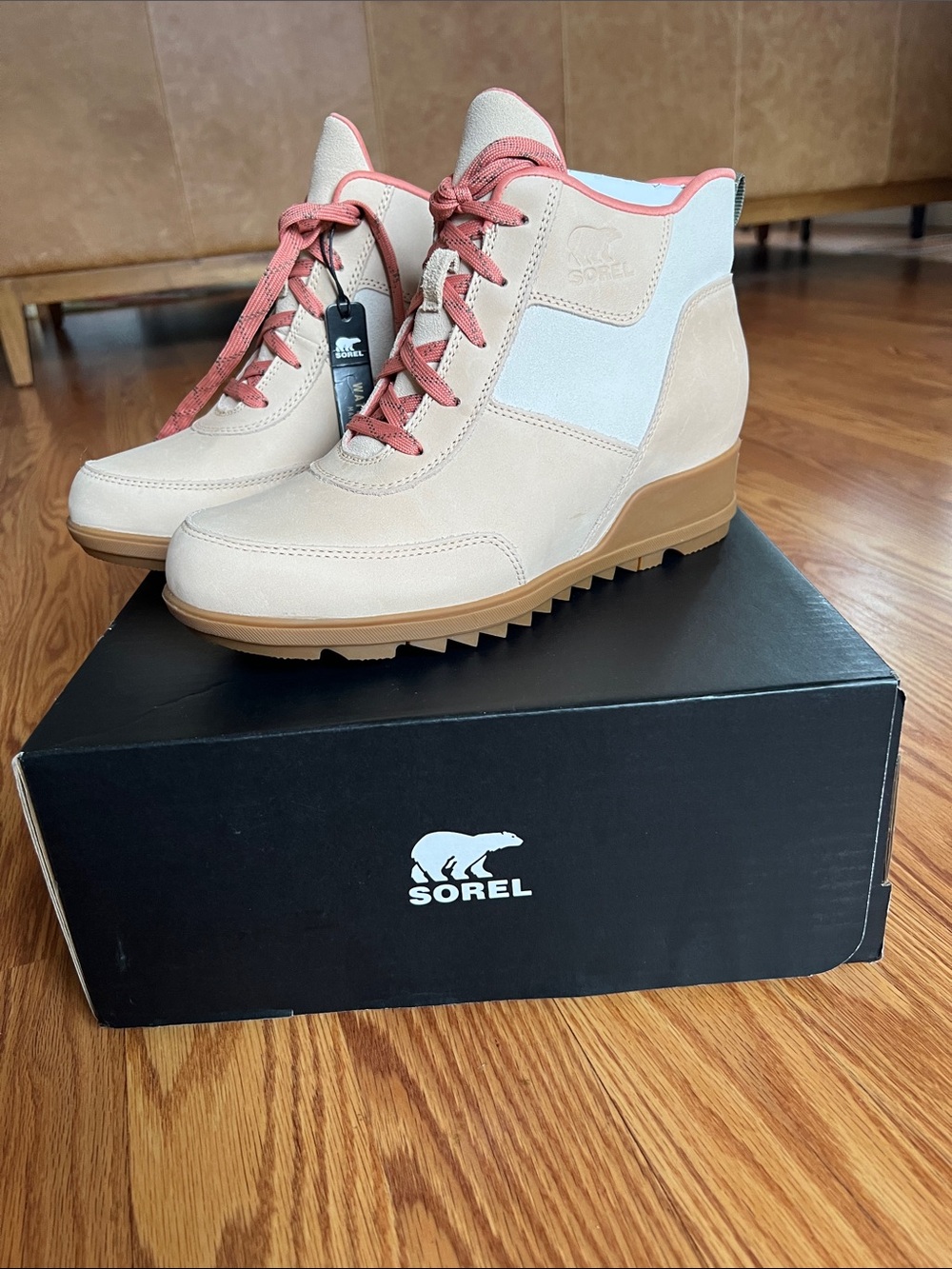Sorel EVIE Sport Lace Beige and Pink Lace-Up Wedge Ankle Boots
